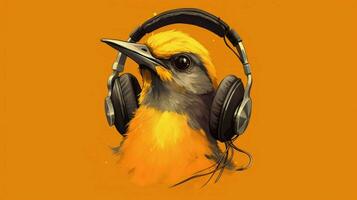 a bird with a headphones on and a shirt that says photo