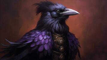 a bird with a purple vest and a black crow on it photo