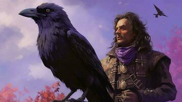 a bird with a purple vest and a black crow on it photo