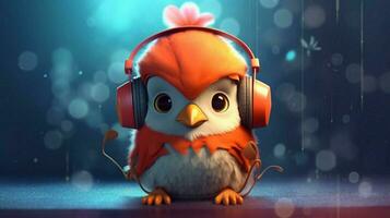 a bird with headphones and a hat that saysi love photo