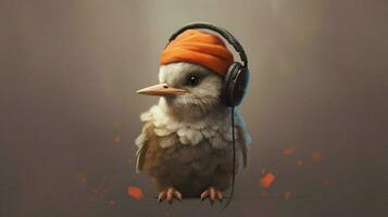 a bird with headphones and a hat that saysi love photo