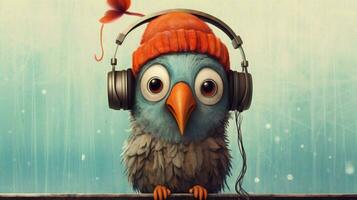 a bird with headphones and a hat that saysi love photo