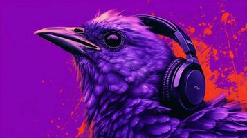 a bird with headphones and a purple background photo