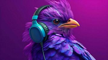 a bird with headphones and a purple background photo