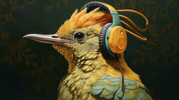 a bird with headphones on it and a headphones on photo