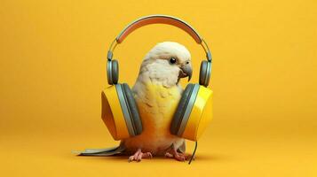 a bird with headphones on it and a headphones on photo