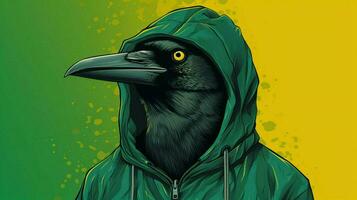 a black bird wearing a hoodie with a green backgr photo