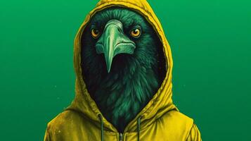 a black bird wearing a hoodie with a green backgr photo