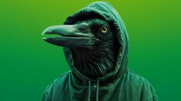 a black bird wearing a hoodie with a green backgr photo