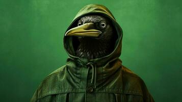 a black bird wearing a hoodie with a green backgr photo