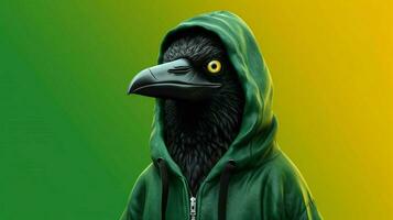 a black bird wearing a hoodie with a green backgr photo