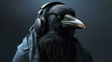 a black crow with headphones and a hoodie photo