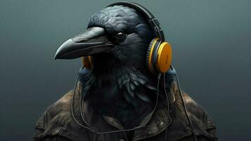 a black crow with headphones and a hoodie photo