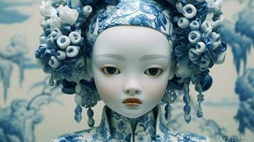 a blue and white porcelain doll with a flowery photo