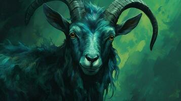 a blue and green illustration of a goat photo