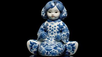 a blue and white porcelain doll with a flowery photo