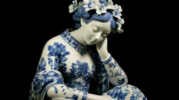 un azul y blanco porcelana estatua de un niña con foto
