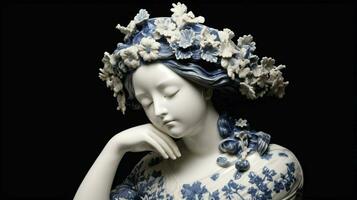 a blue and white porcelain statue of a girl with photo