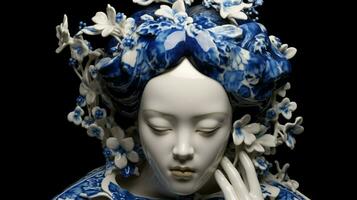 a blue and white porcelain statue of a girl with photo