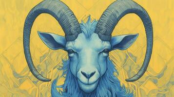 a blue and yellow drawing of a goat photo