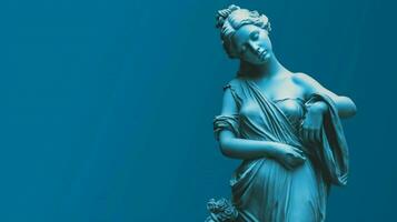 a blue background with a statue of a girl photo