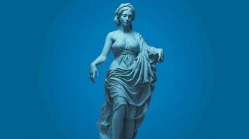 a blue background with a statue of a girl photo