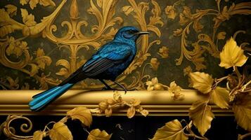 a blue bird is sitting in front of a gold photo