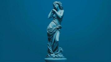 a blue background with a statue of a girl photo