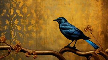 a blue bird is sitting in front of a gold photo