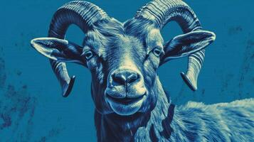 a blue poster with a goats face photo