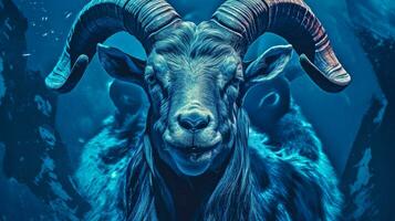 un azul póster con un cabras cara foto