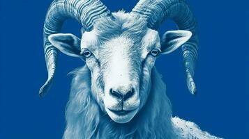 a blue poster with a goats face photo