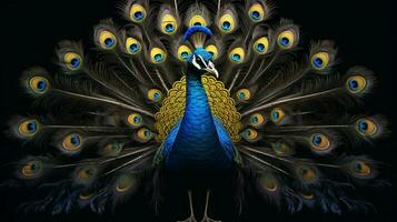 a blue peacock with gold and silver feathers photo