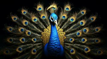 a blue peacock with gold and silver feathers photo