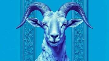 a blue poster with a goats face photo