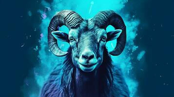 a blue poster with a goats face photo