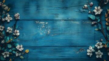 a blue wooden background with flowers on it photo