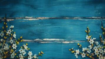 a blue wooden background with flowers on it photo