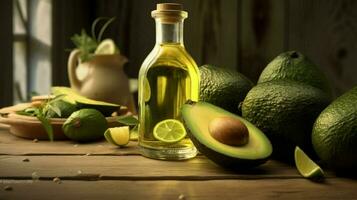 a bottle of avocado oil sits on a wooden table photo