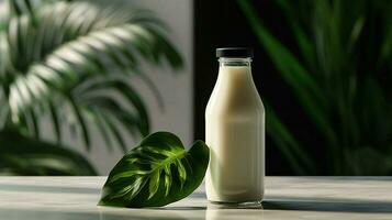 a bottle of milk with a black cap sits on a table photo