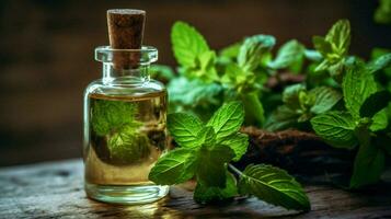 a bottle of essential oil next to a sprig of mint photo