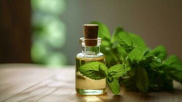 a bottle of essential oil next to a sprig of mint photo