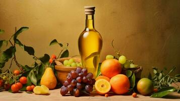 a bottle of olive oil next to a bunch of fruit photo