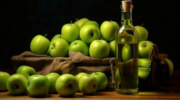 a bottle of olive oil next to a bunch of green photo