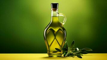 a bottle of olive oil with a green background photo
