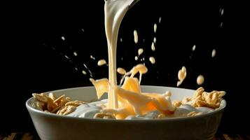 a bowl of cereal being poured into a bowl with a photo