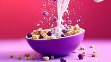 un cuenco de cereal es siendo vertido dentro un cuenco con foto