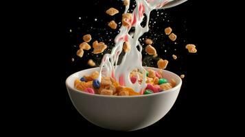 a bowl of cereal with milk and a splash of milk photo