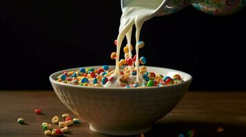 un cuenco de cereal es siendo vertido dentro un cuenco con foto