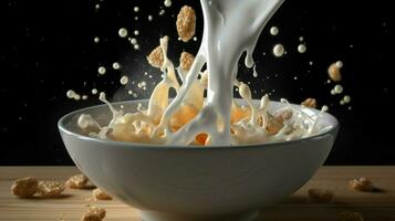 a bowl of cereal with milk and a splash of milk photo